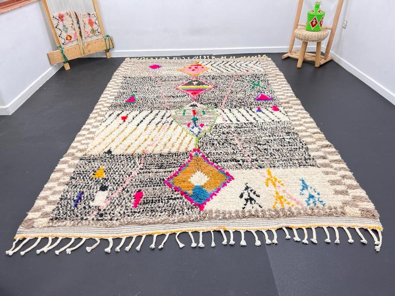 Alfombra marroquí hecha a mano, alfombra bereber de lana marroquí estilo Beni ourain, alfombra moderna, alfombra tejida a mano, estilo bereber Azilal alfombra blanca Marruecos imagen 7