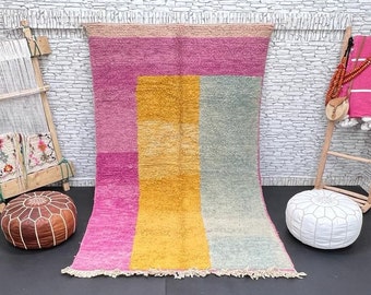 Handwoven Berber Rug: Pink & Orange Geometric Wool Boujaad Rug (5x8.2 ft)