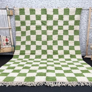 Hand Woven Wool Rug: Green Checkered Moroccan Beni Ourain Carpet