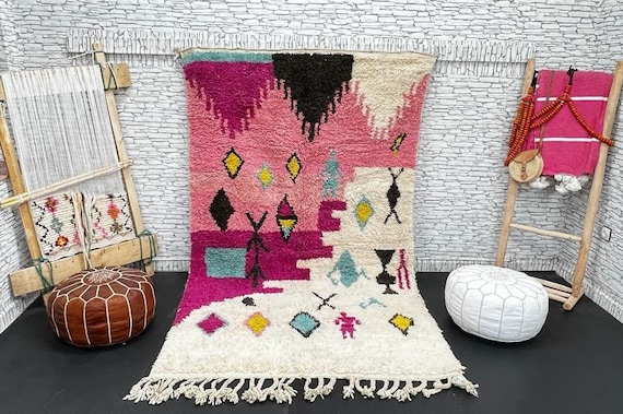 Tapis Berbère Marocain Beni Ourain 5x8 Ft - Laine Rose Fait Main - Style Boho