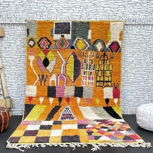 Vintage Orange Boujad Rug: 5x8 Berber Wool Carpet