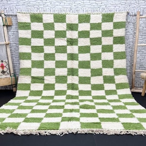 Hand Woven Wool Rug: Green Checkered Moroccan Beni Ourain Carpet