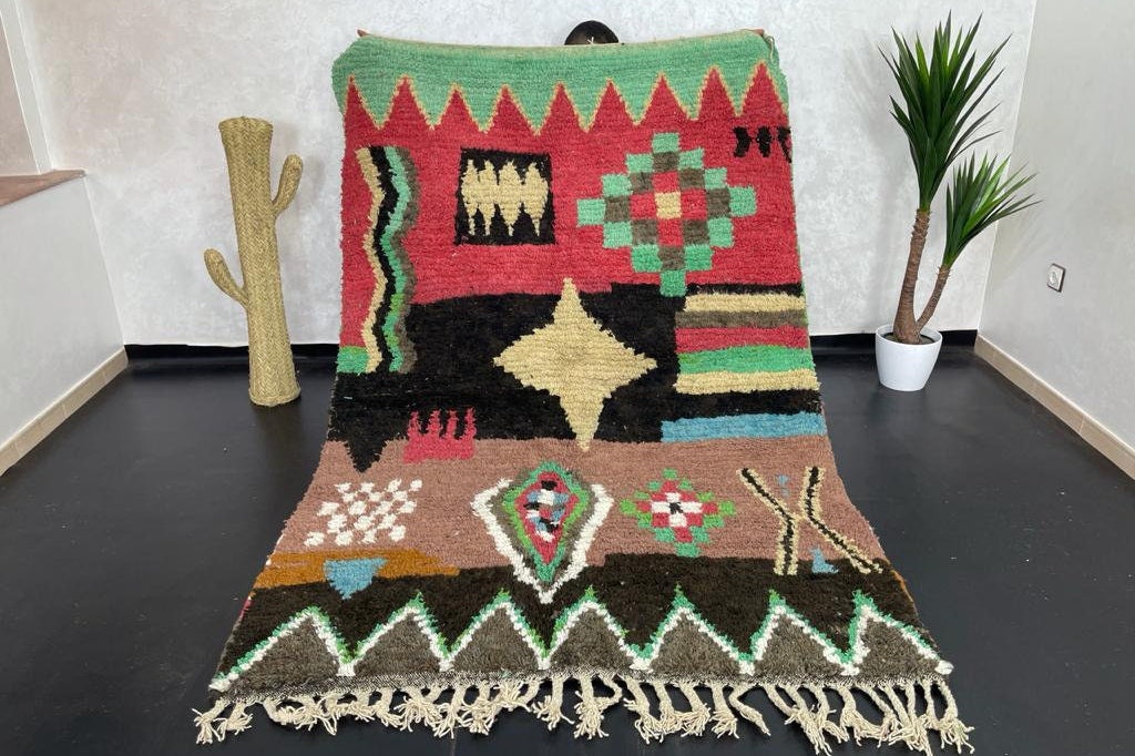 モロッコ絨毯ナチュラルウール手織り絨毯ユニークラグ104cmx161cm