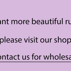 May include: Text on a purple background that reads: "Want more beautiful rugs please visit our shop Contact us for wholesale"