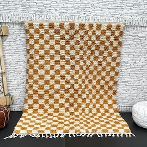 Berber Checkerboard Wool Rug: Mustard Checkered Home Decor (5x7ft)