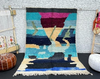 Blue Moroccan Rug: Handmade Berber Boujad Wool Carpet (5x8ft)
