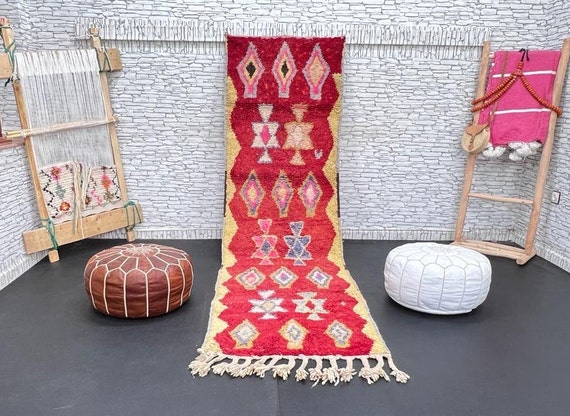 幾何学模様の多色ラグ モロッコ 手織り ランナーラグ モロッコラグ 多