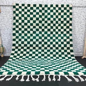 Checkered Beni Ourain Rug: Green & White Moroccan Wool Rug