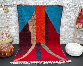 Red Moroccan Wool Rug: Handwoven Berber Shaggy Rug 5x8ft