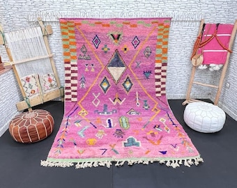 Handwoven Pink Boujad Rug: 6x9 Berber Wool Carpet