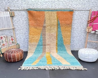 MAGNIFICENT MOROCCAN RUG, Berber Beniourain Rug, Orange and Blue Rug , Handmade Rug, Striped Rug, Wool Rug, Area Rug . 5x8.4 ft