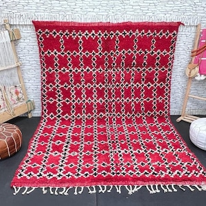 Vintage Red Boujaad Rug: 6.9x10 ft, Handmade Moroccan Wool Carpet