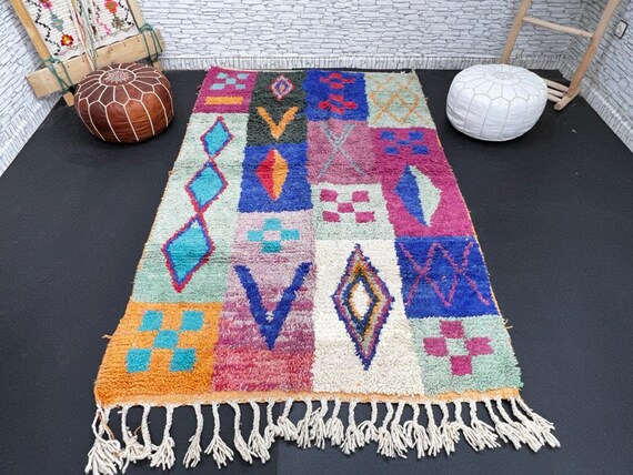 Tapis Berbère Marocain 5x8 Ft - Laine De Mouton Tissée Main - Motif Boho Multicolore