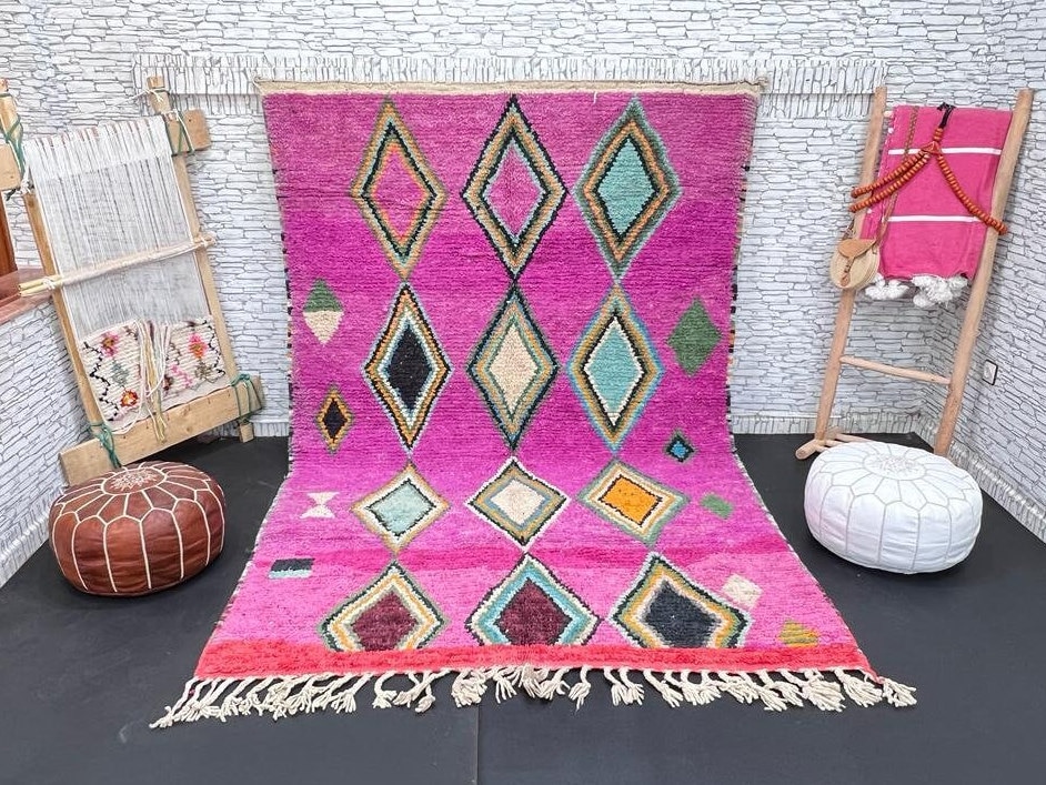 Grand Tapis Berbère Marocain 6,5x9,5 Ft - Laine Tissée Main, Motif Géométrique, Multicolore