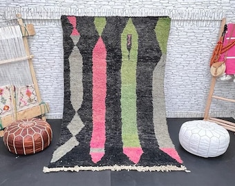 Black & Pink Berber Rug: Handmade Wool Abstract Rug (4.9x7.8 ft)