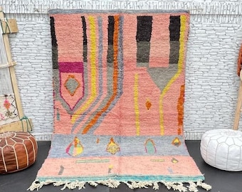 Handmade Orange Berber Rug: Moroccan Wool Boujad Rug (5x8ft)