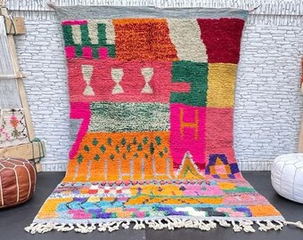 Vintage Berber Boujad Rug: 5.2x8.4 ft, Handmade Moroccan Wool Carpet