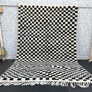 Large Black and White Checkered Berber Rug: Hand-knotted Moroccan Wool