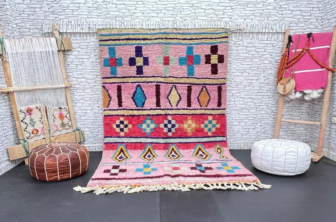 Tapis Berbère Marocain 5x8 Ft - Laine De Mouton Tissée Main - Motif Boho Multicolore