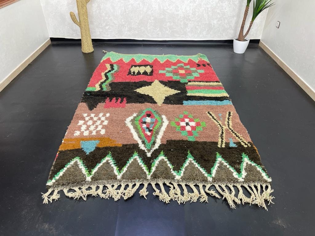 140x89モロッコ絨毯手織りの美しいヴィンテージ ラグ