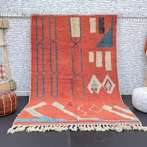 Vintage Moroccan Boujad Rug: Red Berber Carpet, 5.2x8 ft