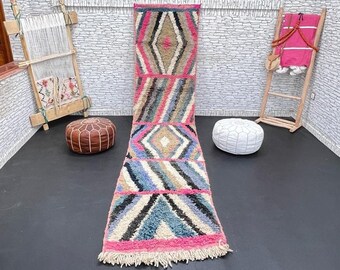 Beni Ourain Runner Carpet ,Handmade Runner Rug ,Moroccan Pink Rug ,Bohemian Tapis Marocain, Sheep Wool Rug, colorful Runner Rug 2.7x12.5 ft