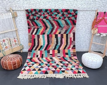 Handwoven Wool Berber Rug: Colorful Moroccan Boujad Carpet (5.3x8.4 ft)