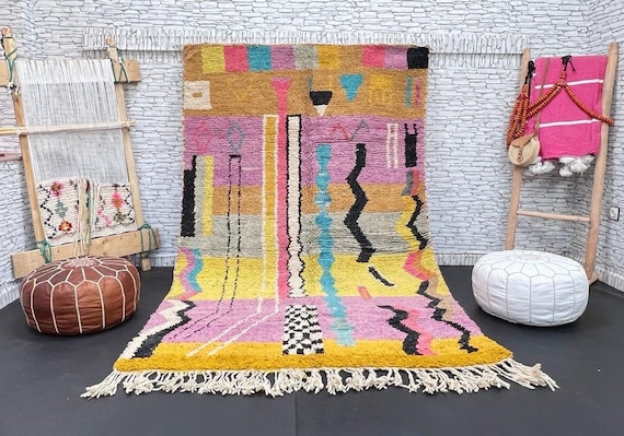 Moroccan 5x8 FT Rug Sheep Wool Handmade Boho Pink Colorful