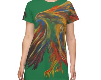 Phoenix Rising Bird on Fire Green T-Shirt Party Dress