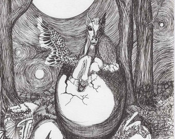 May include: A black and white ink drawing of a winged creature emerging from a cracked egg. The creature has a horse-like head and a feathered body. The drawing is set against a backdrop of trees and a full moon.