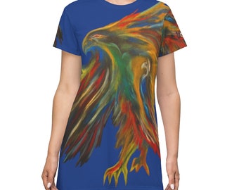 Phoenix Rising Bird on Fire Blue T-Shirt Dress