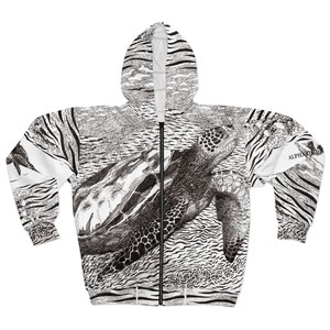 May include: Black and white zip-up hoodie with a detailed illustration of a sea turtle swimming in the ocean. The design features a repeating pattern of waves and coral. The hoodie has a black zipper and a hood.