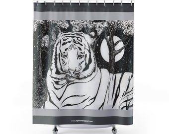 White Tiger - Ink drawing - Art by Nikki - Shower Curtains