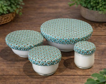 Charlotte para plato, tapa de plato, cero desperdicio, abanico dorado azul claro