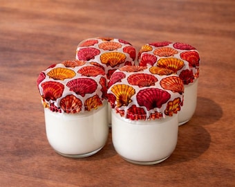 Juego de 4 vasos de yogur de 5-6 cm o 7-8 cm de diámetro, con vieiras rojas y naranjas.