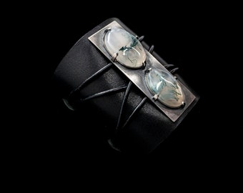 Moss agate wide leather cuff