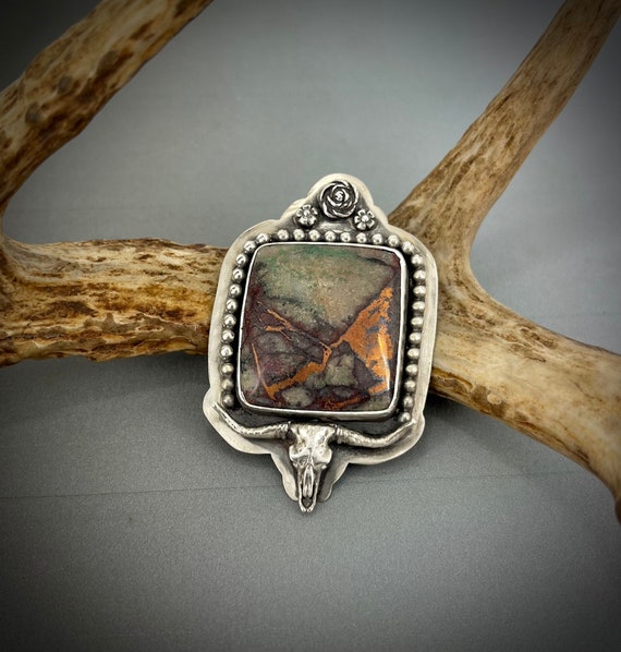 Texas Longhorn Pendant with Sonora Sunrise Cabochon in Sterling Silver