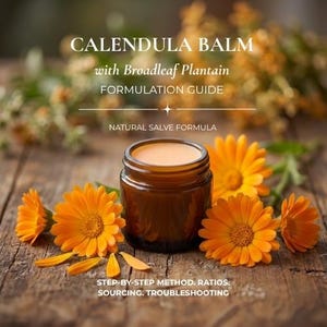 May include: A jar of calendula balm with broadleaf plantain, surrounded by orange calendula flowers. The image includes text that reads "Formulation Guide" and "Natural Salve Formula". The text also mentions step-by-step methods, ratios, sourcing, and troubleshooting.