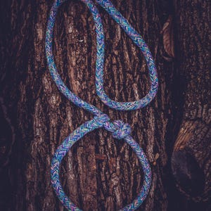 Könnte beinhalten: Ein farbiges geflochtenes Seil, das zu einem Knoten gebunden ist und auf einem strukturierten Baumrindenhintergrund liegt.