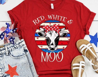 4th July Shirt, American Flag, Heifer shirt, USA Flag, Patritioc Cow shirt, Cow with bandana, Cow Lovers shirt, Red White and Moo, Funny Cow