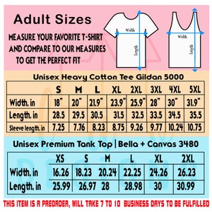 Puede incluir: Tabla de tallas para camisetas y tops sin mangas unisex. La tabla muestra las medidas en pulgadas para el ancho, la longitud y la longitud de la manga para las tallas XS a 5XL. La tabla tambi&eacute;n incluye los nombres de las marcas Gildan 5000 y Bella + Canvas 3480.