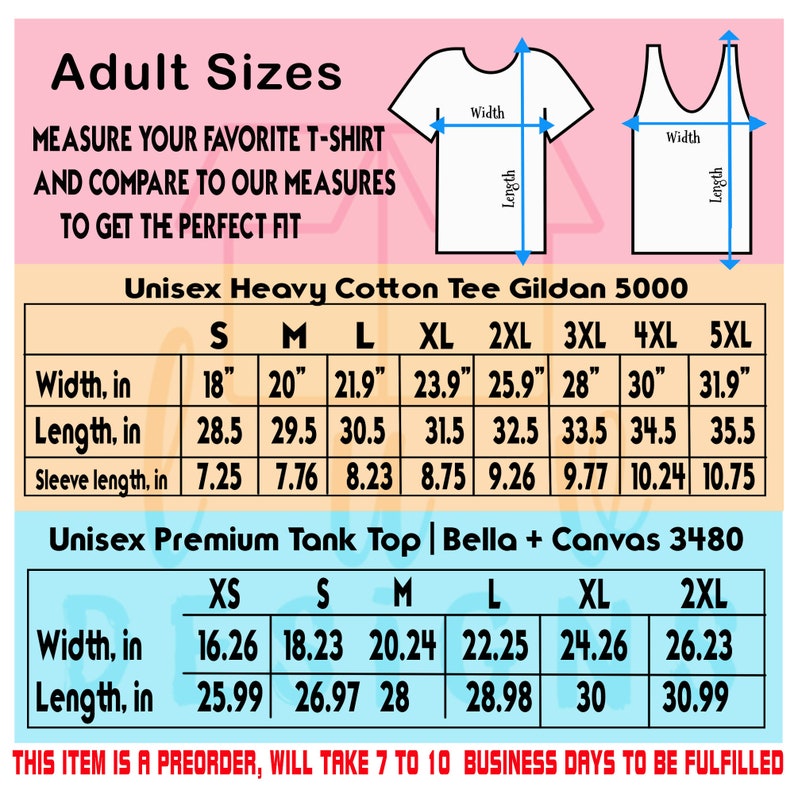 Puede incluir: Tabla de tallas para camisetas y tops sin mangas unisex. La tabla muestra las medidas en pulgadas para el ancho, la longitud y la longitud de la manga para las tallas XS a 5XL. La tabla tambi&eacute;n incluye los nombres de las marcas Gildan 5000 y Bella + Canvas 3480.