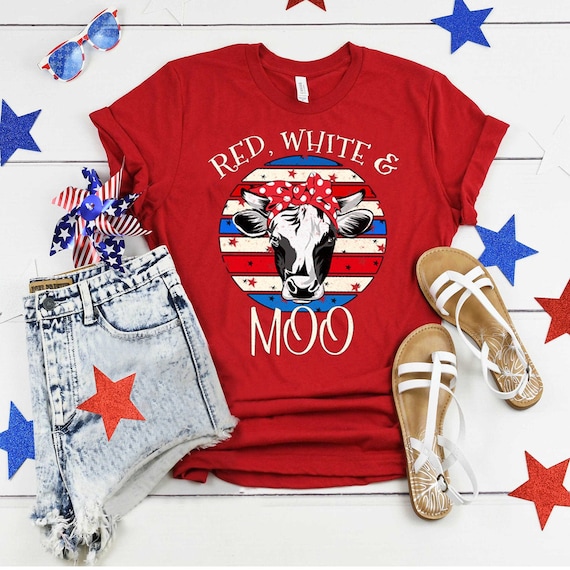 4th July Shirt, American Flag, Heifer shirt, USA Flag, Patritioc Cow shirt, Cow with bandana, Cow Lovers shirt, Red White and Moo, Funny Cow