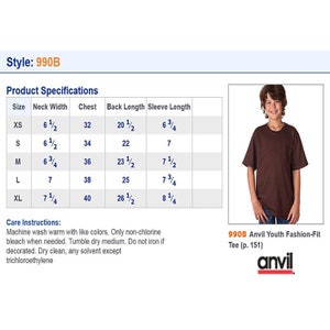 May include: Size chart for a youth fashion-fit tee shirt. The chart shows sizes XS through XL with measurements for neck width, chest, back length, and sleeve length in inches. The chart is labeled "990B Anvil Youth Fashion-Fit Tee (p. 151)" and includes the Anvil logo.