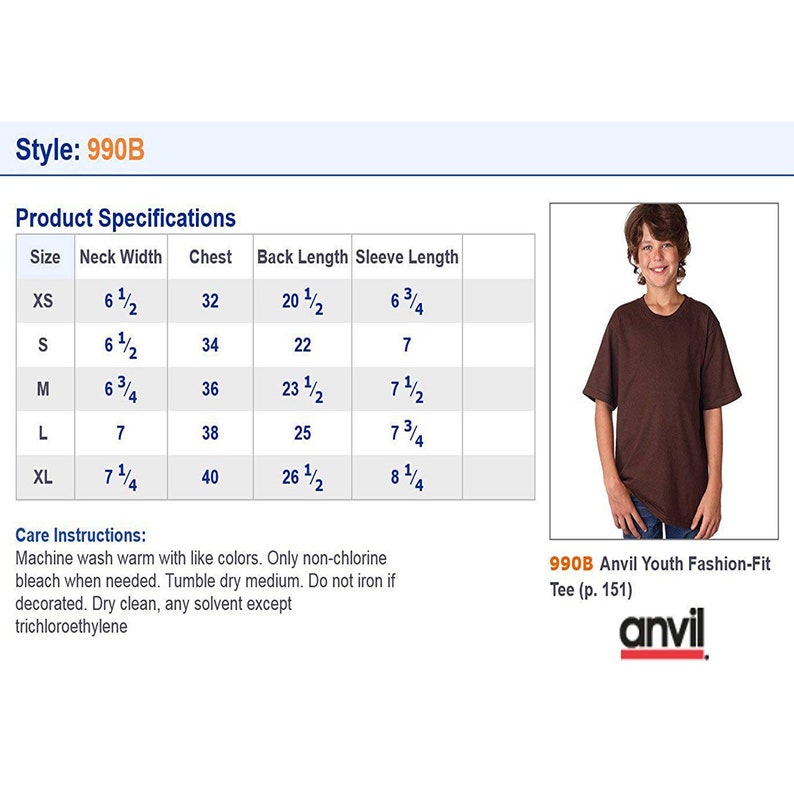 May include: Size chart for a youth fashion-fit tee shirt. The chart shows sizes XS through XL with measurements for neck width, chest, back length, and sleeve length in inches. The chart is labeled "990B Anvil Youth Fashion-Fit Tee (p. 151)" and includes the Anvil logo.