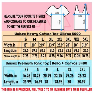 May include: Size charts for Unisex Heavy Cotton Tee Gildan 5000 and Unisex Premium Tank Top Bella + Canvas 3480. Charts display width, length, and sleeve length measurements in inches. Sizes range from XS to 5XL. Includes text about preorders.