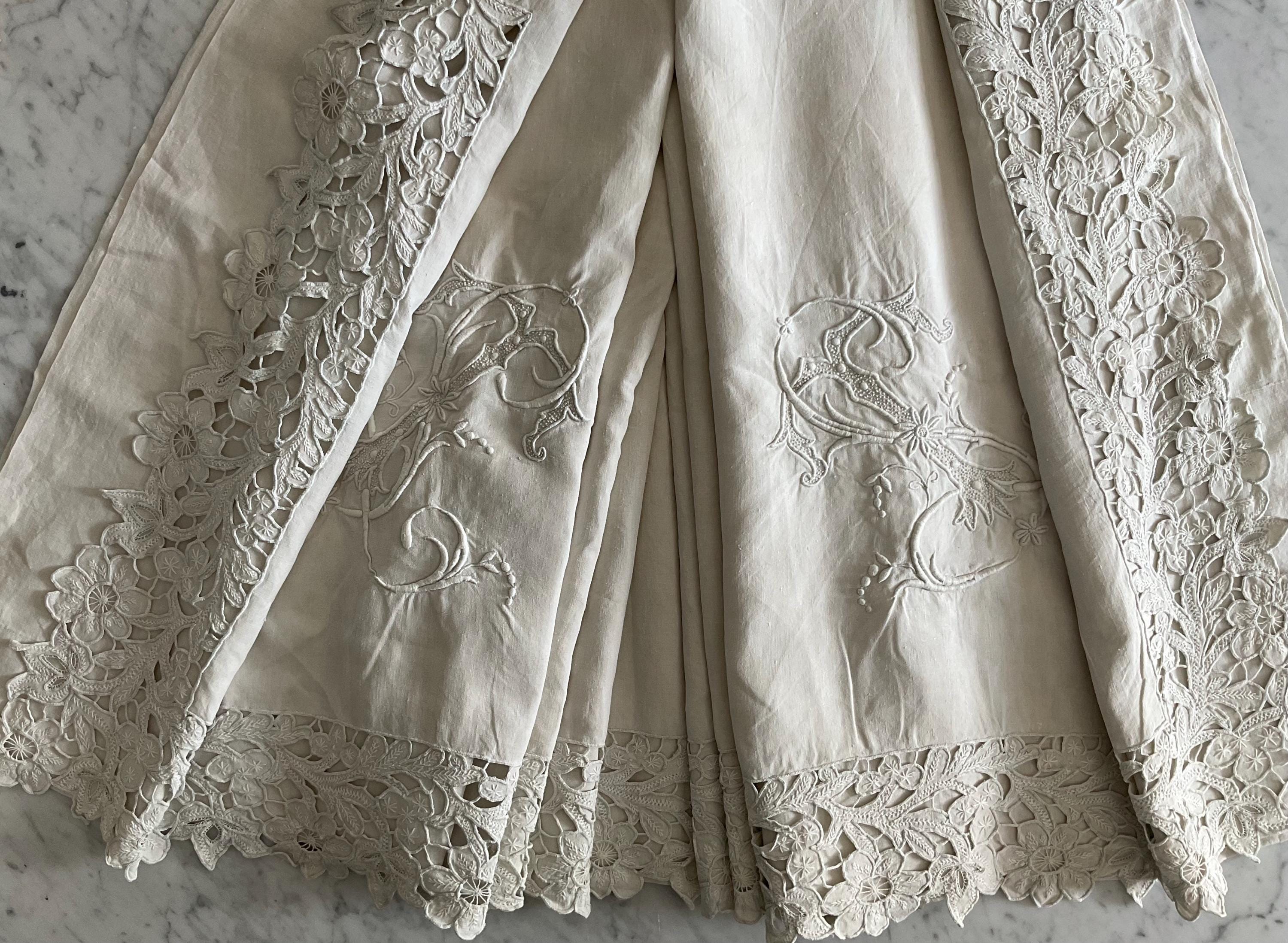 Reserved for B TL monogrammed antique French linen sheet, cutwork, Richelieu lace with embroidery over the full width, excellent condition.