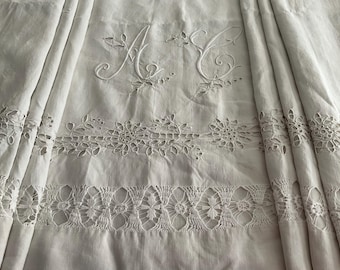 AC monogrammed floppy pure linen sheet, richly decorated, hand embroidered, oatmeal colour, vintage French home decor, chateaudecor