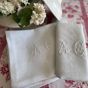 11 AC monogrammed large vintage French linen damask dinner napkins, hand embroidered, initialed napkins, table decor, chateau decor