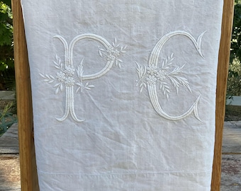 Gorgeous monogrammed PC floppy pure linen sheet, hand embroidered, oatmeal colour, vintage French home decor, chateaudecor
